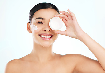 Image showing Skincare, face and woman with cream container in studio isolated on a white background. Portrait, dermatology creme or happy female model with beauty cosmetics, lotion or moisturizer for healthy skin