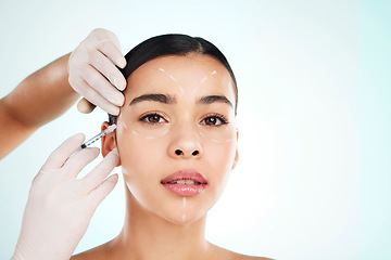 Image showing Skincare, woman and face injection for plastic surgery in studio isolated on white background. Portrait, syringe and cosmetics of female model with collagen filler, dermatology or beauty mockup space