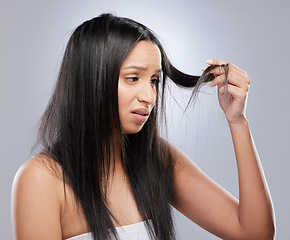 Image showing Hair, worry and woman with crisis in studio for split ends, haircare crisis and weak tips on gray background. Beauty, salon and face of upset female person with frizz, dry texture and loss problem