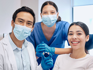 Image showing Portrait of dentist and woman with retainer for teeth whitening, service and dental care. Healthcare, dentistry and orthodontist with dentures for patient for oral hygiene, wellness and consulting