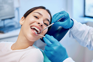 Image showing Healthcare, dentist tools and portrait of woman for teeth whitening, service and dental care. Medical consulting, dentistry and orthodontist with patient for oral hygiene, wellness and cleaning