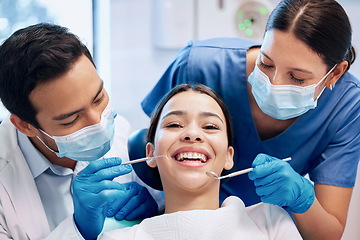 Image showing Healthcare, dentist and portrait of woman for teeth whitening, service and dental care. Medical consulting, dentistry and orthodontist with tools for patient for oral hygiene, wellness and cleaning