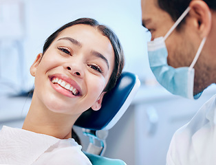 Image showing Healthcare, dentist and portrait of woman for dental service, teeth whitening and consultation. Medical consulting, dentistry and orthodontist for patient for oral hygiene, wellness and cleaning