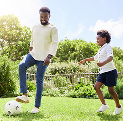 Image showing Soccer, dad and kid on a summer garden with exercise, sport learning and goal kick together. Lawn, fun game and black family with football on grass with youth, sports development and bonding on field