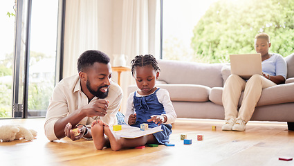 Image showing African father, daughter and floor for drawing, building blocks and learning together with help, love and care in lounge. Black man, girl and teaching with toys, book and helping hand in family home