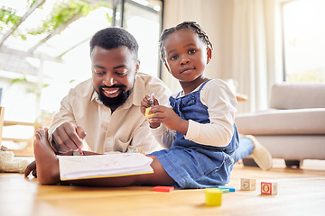 Image showing African dad, daughter and floor for drawing, building blocks and learning together with help, love and care in lounge. Black man, girl and teaching with toys, notebook and portrait in family house