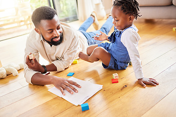 Image showing African dad, girl and floor for drawing, paper and learning together with smile, love and care in lounge. Black man, daughter and teaching with toys, notebook and helping hand in happy family house