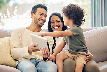 Image showing Family, tablet and child learning on a home sofa with happiness, development and internet connection. Man, woman and son or kid together on a couch with technology for education, games and online app