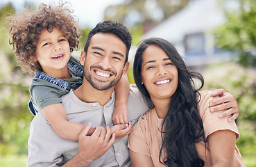 Image showing Portrait, smile and family outdoor, hug and bonding with quality time, weekend break and happiness. Face, mother and father with a male child, boy and son embrace, backyard or happy parents with love