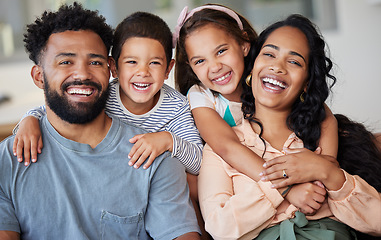 Image showing Happy, portrait and family relax, home and affection with quality time, bonding and loving together. Face, parents or mother with father, children and kids with happiness, lounge and hug with a smile