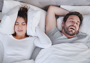 Image showing Snoring, stress and above angry woman with sleeping man in bed, unhappy and frustrated, insomnia and crisis. Bedroom, fail and top view of lady with noise, issue and annoyed by snore or sleep apnea