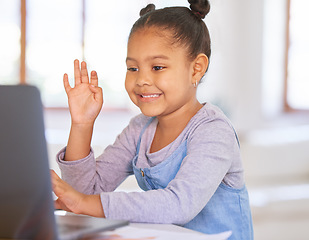 Image showing Video call, computer and child or girl for home education, e learning and online class for kindergarten knowledge. Happy african kid wave hello on laptop elearning, virtual school or webinar teaching