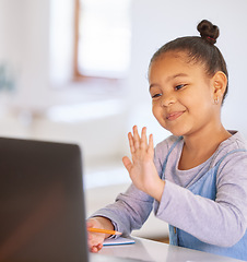 Image showing Video call, laptop and child or girl for home education, e learning and online class for kindergarten knowledge. Happy african kid wave hello on computer elearning, virtual school or webinar teaching