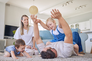 Image showing Happy family, parents and children on floor playing, bonding and airplane game time in living room. Home, love and playful energy, mom and dad with kids on carpet, laughing and relax with happiness.