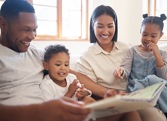 Image showing Funny family, reading book and learning in home living room, bonding or care. Storytelling, education and happy parents, children and multiracial father, mom and teaching, studying and laugh together