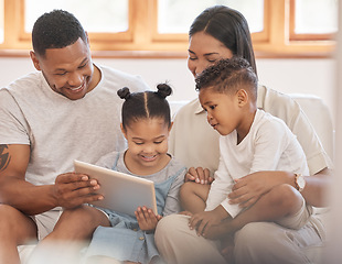 Image showing Family, tablet and bonding in home living room, streaming video or cartoons. Technology, smile and kids, father and mother watching film, movie and playing games, elearning and social media together.