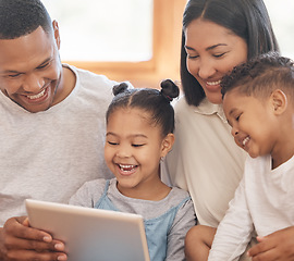 Image showing Funny family, tablet and streaming in home living room, bonding and laugh. Technology, smile and kids, father and mother watching comedy film, movie and playing games together, social media or video