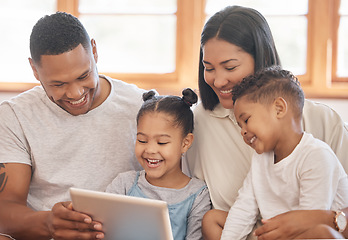 Image showing Family smile, tablet and streaming in home living room, bonding and funny. Technology, happy and kids, father and mother watching web film, movie and playing games together, social media or video.