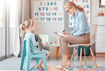 Image showing Girl child, psychologist and writing with counseling, smile and listening for support, help and service. Woman, female kid and conversation for mental health, psychology notes and wellness