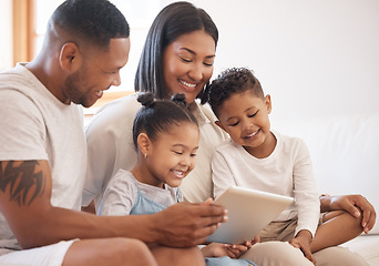 Image showing Happy family, tablet and streaming in home living room, bonding and care. Technology, smile and kids, father and mother watching web film, movie and playing games together, social media or video.