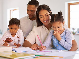 Image showing Teaching, parents and children learning in home with mom, dad and education in kindergarten. Couple, helping kids with colouring activity, girl drawing or creative homework project for development