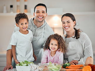 Image showing Cooking, help and portrait of family in kitchen for health, nutrition and food. Diet, vegetables and dinner with parents and children with meal prep at home for wellness, organic salad and learning