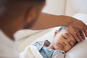 Image showing Sick, father or girl asleep in bed, flu or body temperature with worry, home and virus symptoms. Female child, kid or dad touching forehead, fever or sleeping with health issue and illness in bedroom