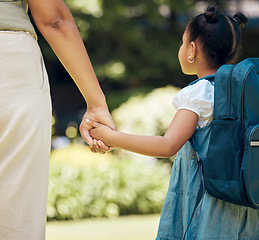 Image showing Holding hands, backpack and girl with mother walking to school together outdoor. Hold hand, mom and student walk, travel and journey to kindergarten with care, safety and security, support or bonding