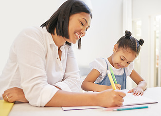 Image showing Education, homework or learning with a mother and daughter in their house together for home schooling. Family, children and a female private tutor teaching a young student girl for child development