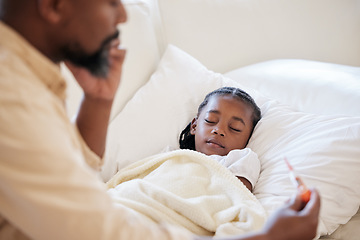 Image showing Thermometer, father and sick child in bed to sleep with a fever with paternity leave to check temperature. Black girl kid and a man together in bedroom for medical risk, health test and virus problem