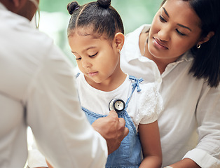 Image showing Mother, child and doctor with stethoscope for health care in a hospital for heart or lungs. African woman, pediatrician and sick girl or patient for medical check, family insurance or development