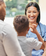 Image showing Father, child and nurse for health care in a hospital while happy and talking at consultation. African woman pediatrician, man and kid patient for medical help, family insurance or development check