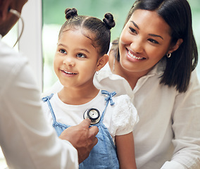 Image showing Mother, child and doctor with stethoscope for health care in a hospital for heart and lungs. African woman, pediatrician man and kid patient for medical help, family insurance or development check