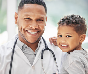 Image showing Pediatrician, child and happy portrait for health care in hospital with a smile at a consultation. Face of black man or doctor and kid patient for medical help, family insurance or development check