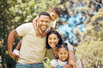 Image showing Portrait, family or children with a mother, father and sibling outdoor together in a park for bonding. Summer, love or trust with a man, woman and kids outside in a garden during holiday or vacation