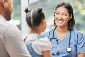 Image showing Father, child and nurse talking for health care in a hospital while happy at consultation. African woman pediatrician or doctor, man and kid patient for medical check, family insurance or development