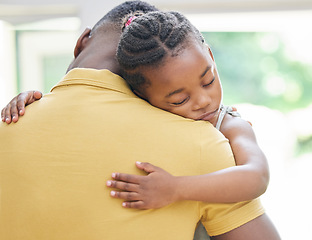 Image showing Love trust and a daughter hugging her father in their home together for support, care or comfort. Black family, children and a girl child giving her dad a hug for empathy or security in the house