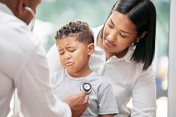 Image showing Mother, sick child and doctor with stethoscope for health care in hospital for heart and lungs. African woman, pediatrician man and kid patient cry for medical check, family insurance or development