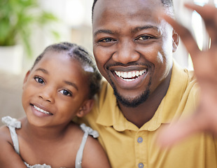 Image showing Portrait, black father and girl take selfie, smile and bonding together in home. Face, photography and African dad with child taking profile picture for social media, happy memory and family care.