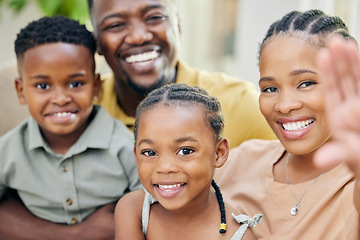 Image showing Home, smile and black family with love, selfie and bonding with quality time, happiness and growth. Portrait, mother and father with social media, loving together and trust with care, support and joy