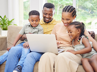 Image showing Black family, laptop or video with parents and children bonding on a sofa in the home living room together. Movie, trust or love with a mom, dad and kids streaming an online subscription service