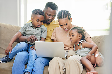 Image showing Black family, laptop or education with parents and children bonding on a sofa in the home living room together. Learning, trust or love with a mom, dad and kids streaming an online school video