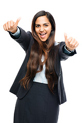 Image showing Portrait, thumbs up and an indian business woman in studio isolated on a white background for motivation or support. Thank you, winner and yes with a happy young female employee showing a like emoji