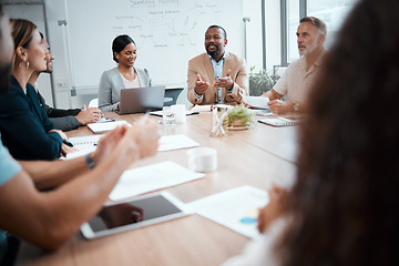 Image showing Business people, diversity and meeting for idea in strategy, planning or brainstorming at office. Group of employees in team discussion, collaboration or project management in conference at workplace