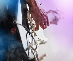 Image showing Guitar, studio and man hands at music festival show playing rock with electric instrument with mockup. Sound, musician and party with live talent and audio for punk event with people at a concert