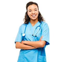 Image showing Healthcare, portrait of woman nurse and smile against a white background with stethoscope. Health wellness, medical and African female doctor or surgeon smiling against studio backdrop for happiness