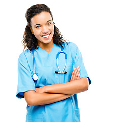 Image showing Arms crossed, portrait and a woman with healthcare pride isolated on a white background in a studio. Happy, doctor or a female nurse with confidence and smile for medical career or nursing service