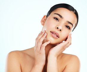 Image showing Face, beauty skincare and serious woman in studio isolated on a white background. Portrait, natural aesthetic and female model with cosmetics for spa facial treatment, healthy skin and wellness.