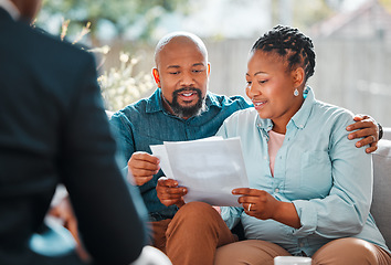 Image showing Happy couple, broker and contract in a house for a meeting or consultation for retirement advice. Financial advisor, black man and woman for investment, savings plan or pension and insurance paper