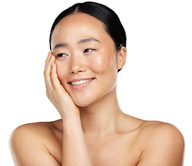 Image showing Natural skin, beauty and face of asian woman with glow, health and wellness cosmetics. Happy aesthetic female model thinking of facial dermatology and skincare isolated on transparent, png background